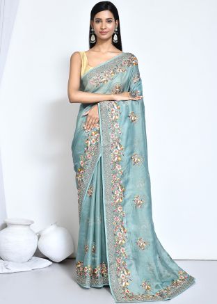 Pastel Blue Embroidered Saree In Organza
