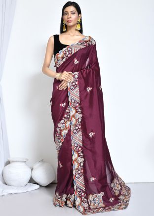 Wine Crape Saree In Thread Embroidery