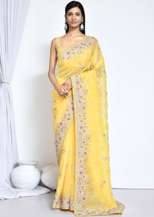 Yellow Embroidered Saree In Organza