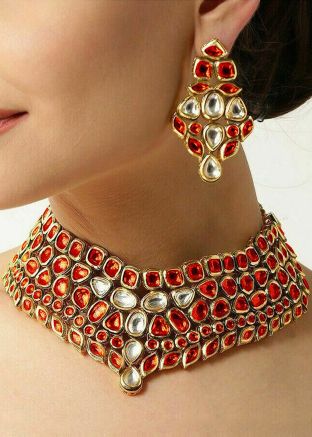 Orange Necklace Set In Kundan Work