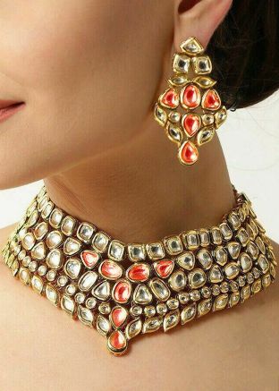 Orange & White Kundan Studded Necklace Set