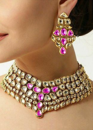 Pink & White Kundan Studded Necklace Set