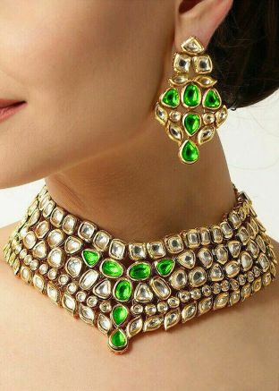 Kundan Studded Green & White Necklace Set