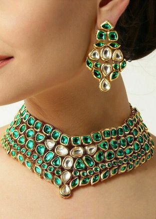 Kundan Studded Dark Green Necklace Set