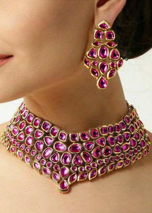 Purple Studded Kundan Necklace Set