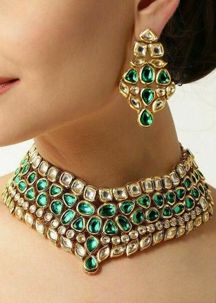 Green & White Studded Kundan Necklace Set