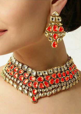 Orange & White Studded Kundan Necklace Set