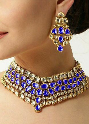 Blue & White Studded Kundan Necklace Set