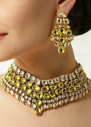 Yellow & White Studded Kundan Necklace Set