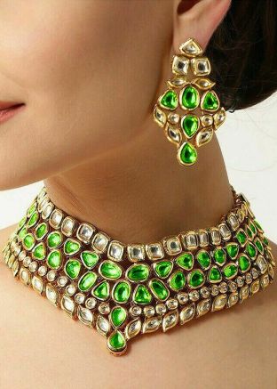 Green & White Kundan Work Necklace Set