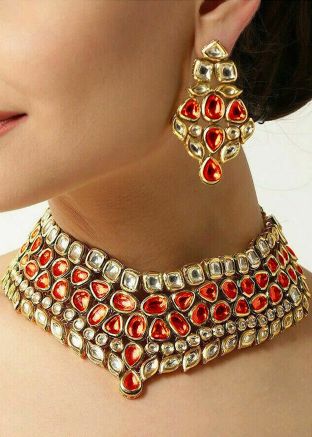 Red & White Studded Kundan Necklace Set