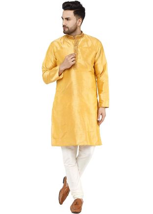Yellow Dupion Silk Straight Cut Kurta With Churidar