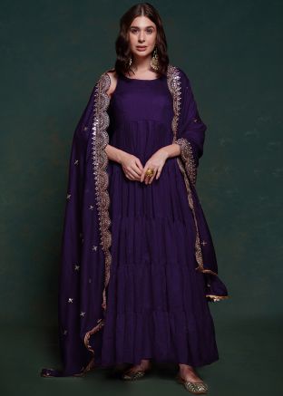Purple Tiered Style Readymade Suit In Art Silk