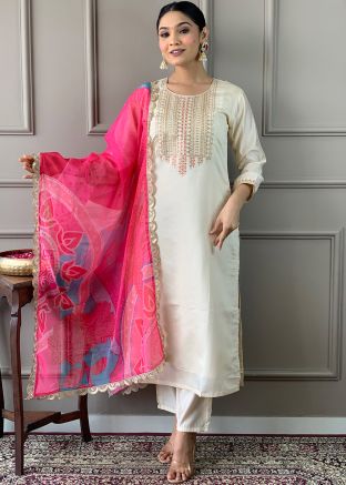 White Embroidered Viscose Readymade Pant Suit