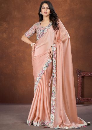 Peach Embroidered Saree In Satin