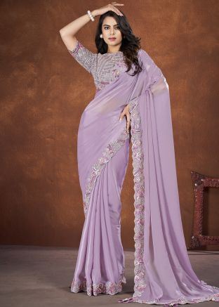 Lavender Satin Saree In Embroidery