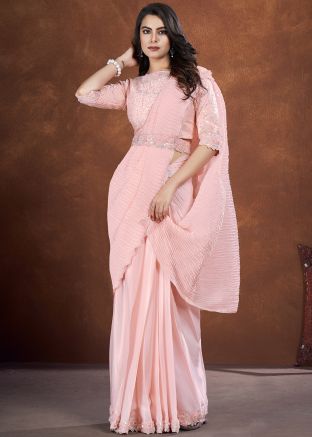 Peach Embroidered Ruffled Saree In Satin 