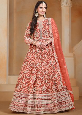 Red Embroidered Net Anarkali Suit & Dupatta