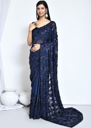 Navy Blue Sequins Embellished Satin Saree