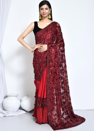 Red Satin Saree In Sequin Embellishment