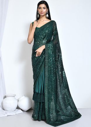 Green Sequins Work Saree & Blouse