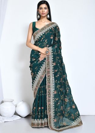 Teal Green Embroidered Satin Saree