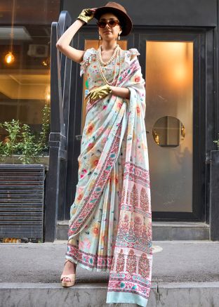 Grey Printed Saree In Satin