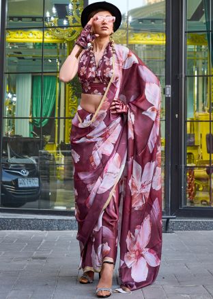 Maroon Printed Saree In Satin