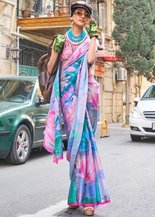 Blue Printed Saree In Satin