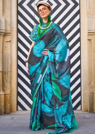 Blue Printed Saree In Satin