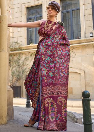 Magenta Printed Saree In Satin