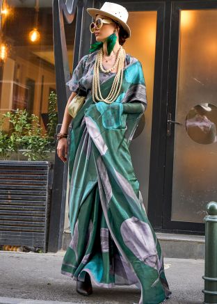 Green Printed Saree In Satin