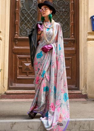 Grey Printed Saree In Satin