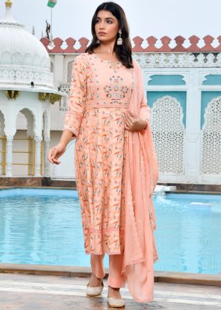 Peach Printed Salwar Suit Set In Cotton