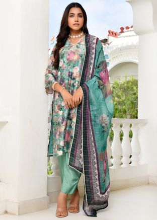 Green Floral Print Pant Salwar Suit Set