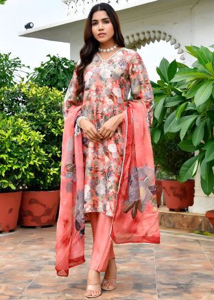 Peach Printed Salwar Suit Set In Tissue