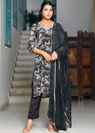 Black Floral Print Salwar Suit Set