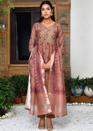 Brown Embroidered Chanderi Salwar Suit Set