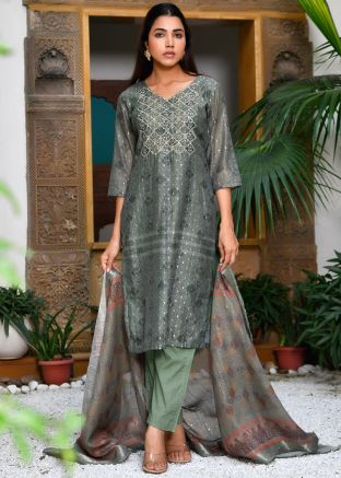 Green Printed Chanderi Salwar Suit Set