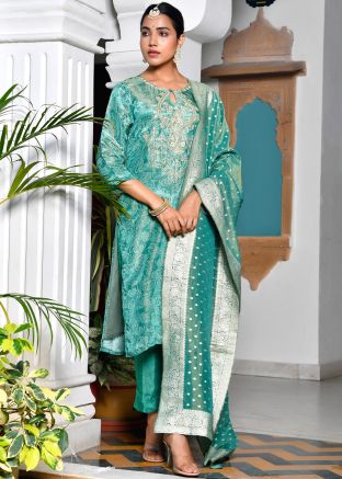 Blue Zari Woven Salwar Suit Set In Tissue