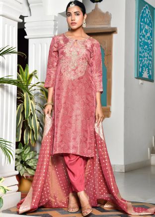 Pink Embroidered Salwar Suit Set In Tissue