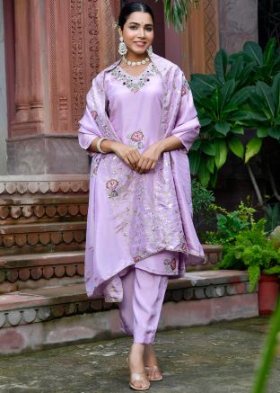 Purple Embroidered Salwar Suit Set In Tissue