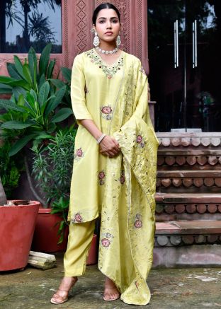 Yellow Embroidered Tissue Salwar Suit Set