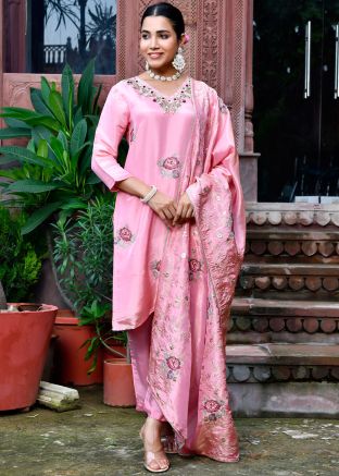 Pink Embroidered Salwar Suit Set In Tissue