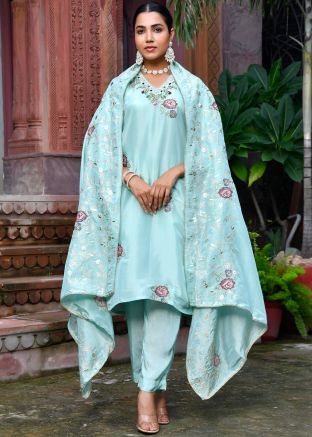 Blue Embroidered Tissue Salwar Suit Set