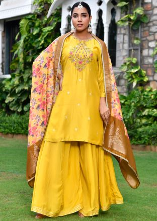 Yellow Zari Woven Salwar Suit Set In Art Silk