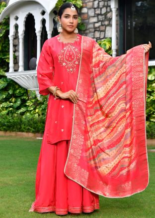 Red Embroidered Salwar Suit Set In Art Silk