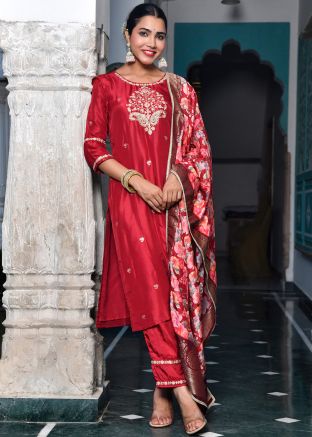 Red Embroidered Salwar Suit Set In Art Silk