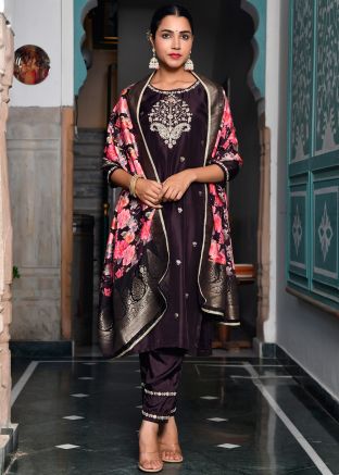 Wine Embroidered Salwar Suit Set