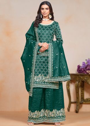 Teal Green Sequins Embroidered Suit Set